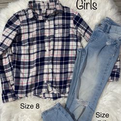 Girls Plaid Long Sleeve Shirt & Jeggings