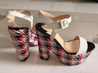 Christian Louboutin Platform Sandals Size 39.5 Woven Block Heel Red Sole
