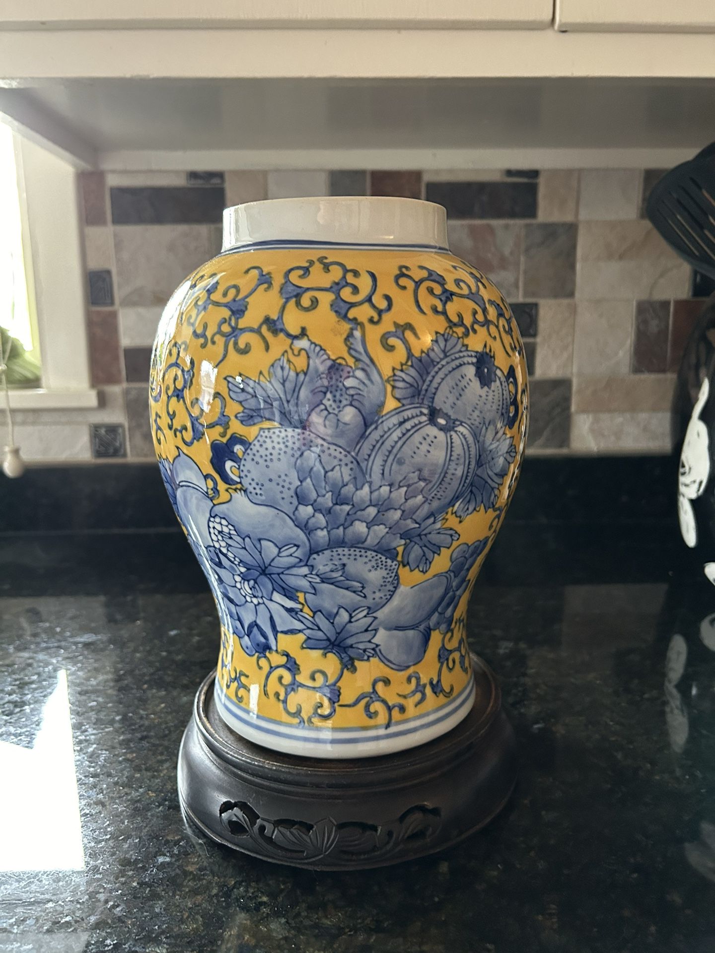 Vintage Yellow And Blue Ginger Jar With Stand