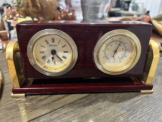 Seiko Vintage Desk Clock Thermometer Cherry Wood Brass White Dial