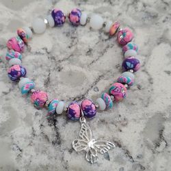 Butterfly Charm Beaded Bracelet And Beautiful Sheer Coral Reef Gift Bag 