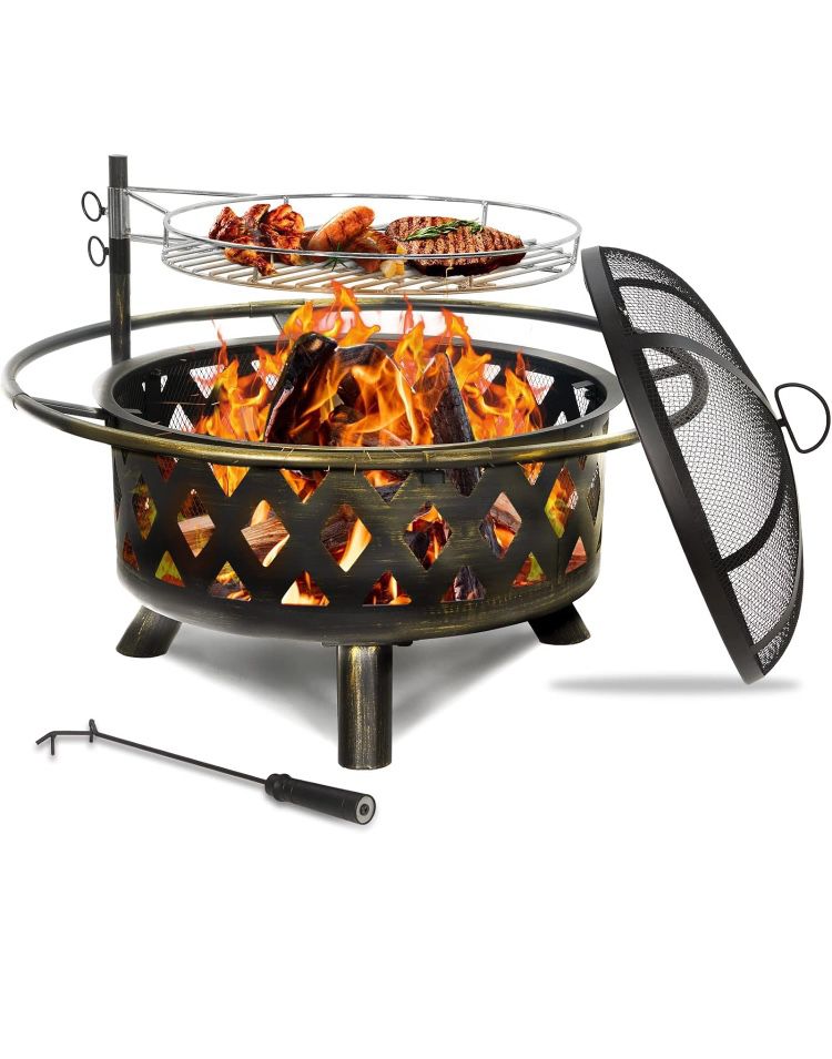 UDPATIO Fire Pit with Grill for Outside 30 Inch Outdoor Wood Burning Firepit Large Steel Firepit with Cooking Swivel BBQ Grill for Backyard Bonfire Pa