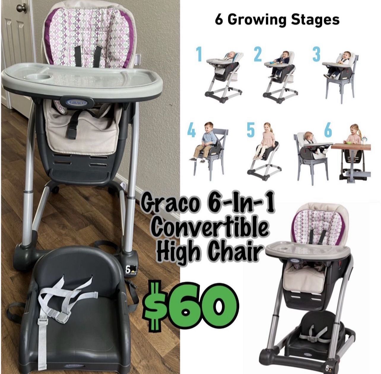 (CLEAN & GREAT CONDITION) Graco 6-In-1 Convertible High Chair And Booster Seat, Blossom 
