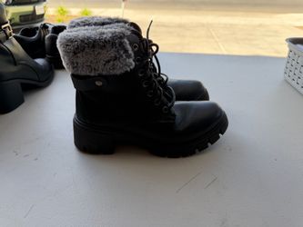 Black Lace-Up Combat Boots with Faux Fur Cuff