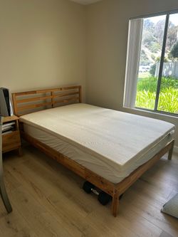 Full size Birch mattress, protector, ikea tarva bed frame and nightstand set