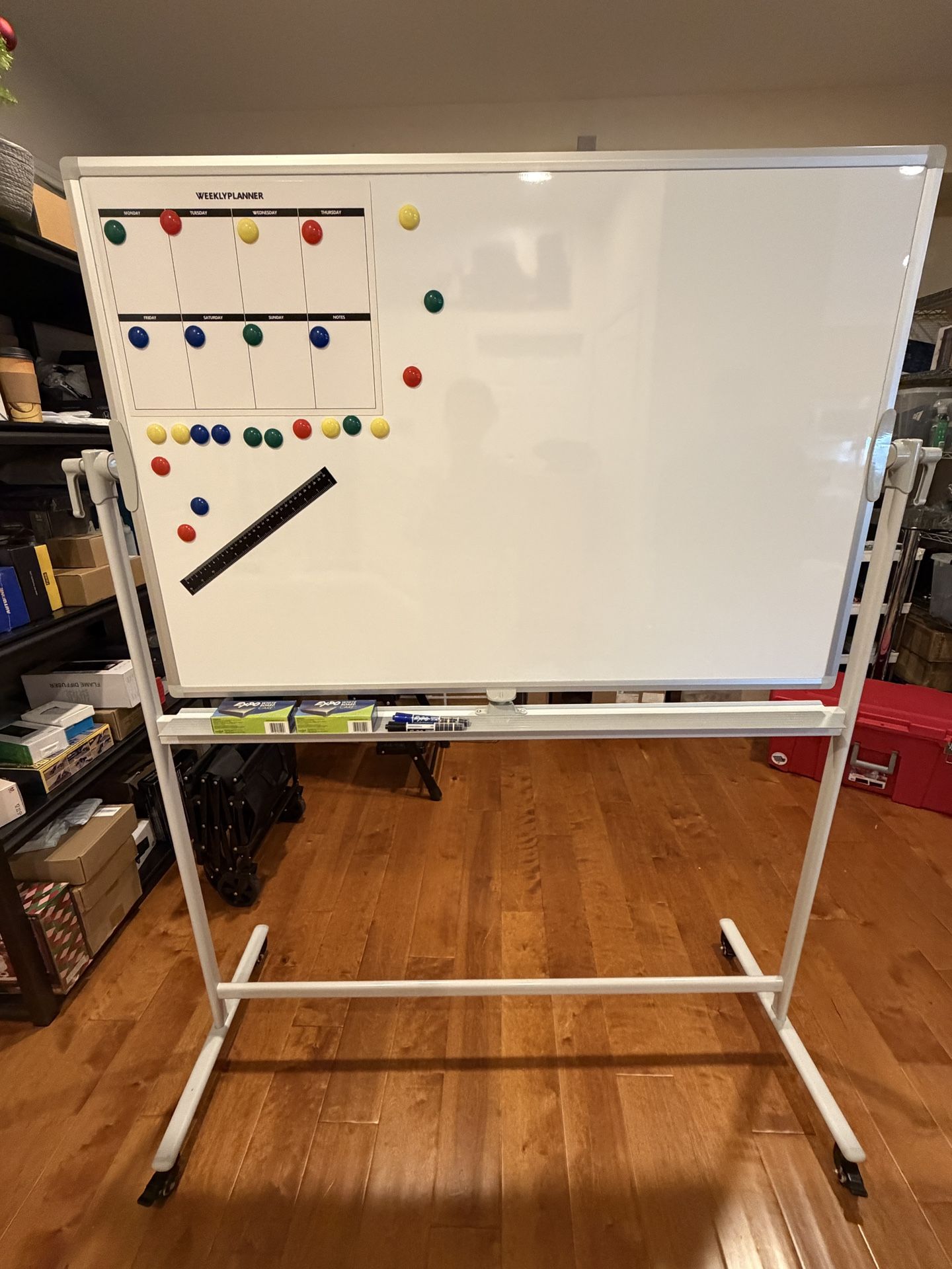 Lightly Used Large Rolling White Board, 48x36 in Double-Sided Mobile Whiteboard, maxtek Reversible Magnetic Dry Erase Board Easel Standing SKU273-S1