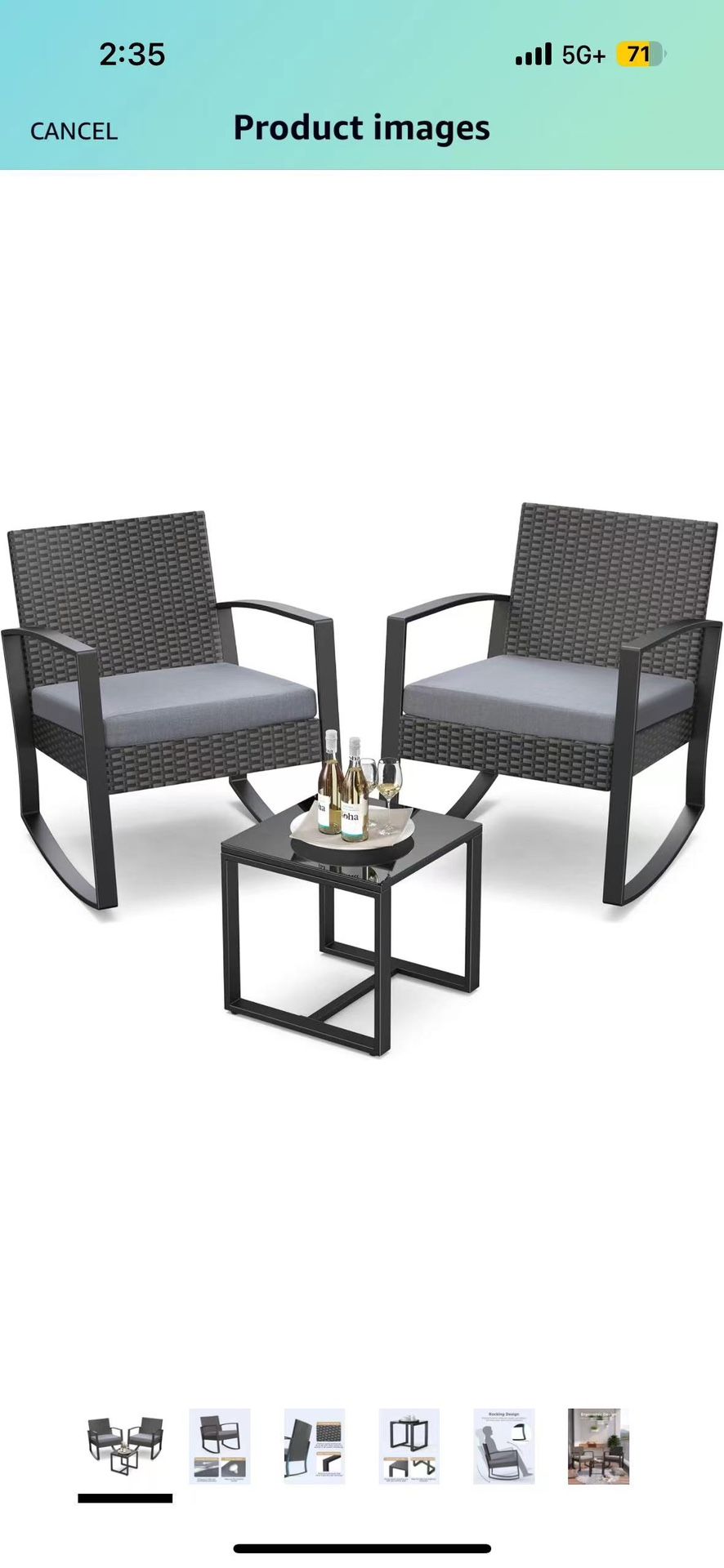 3 Pieces Patio Furniture Set Rocking Bistro Set Outdoor Rattan Conversation with Coffee Table for Garden Balcony Backyard Poolside (Grey Cushion)