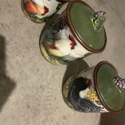 3-Piece Ceramic Rooster & Grape Kitchen Canister Set – Farmhouse Decor