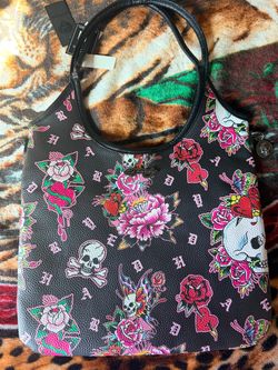 Ed hardy tattoo pattern skull roses tote