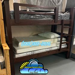 Brown Twin Twin Bunk Bed With Mattresses Included Litera