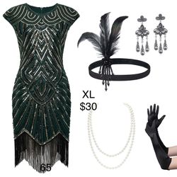 Women’s Flapper 1920’s Roaring 20s Great Gatsby Sequin Fringe Dancer Dress Black XL Vintage