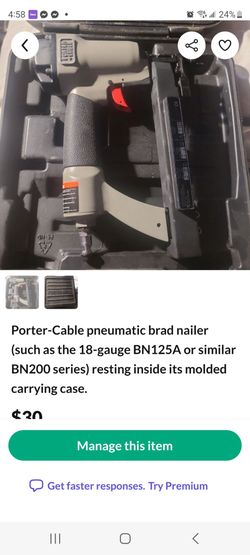 Porter-Cable pneumatic brad nailer (such as the 18-gauge BN125A or similar BN200 series) resting inside its molded carrying case.