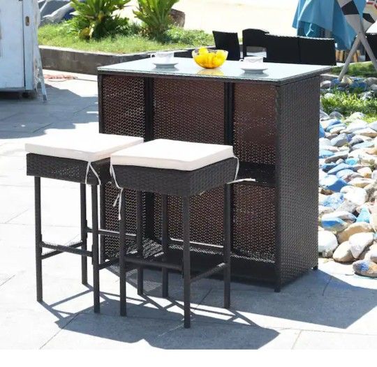 HONEY JOY
3-Pieces Patio Wicker Rattan Outdoor Bar Set Table with 2 White Cushioned Stools