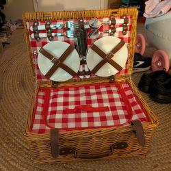 Cute Picnic Set - Never Used - Plates, Silverware, Glasses, Table Cloth, Cooler Lined Compartment - Basket