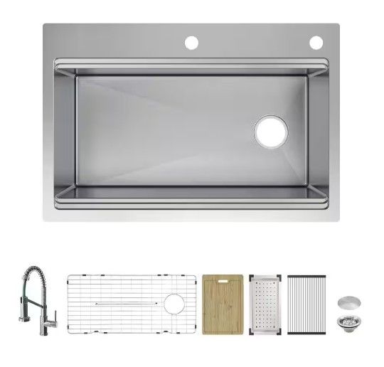 Glacier Bay
Dolancourt Tight Radius 33 in. Drop-In Single Bowl 18G Stainless Steel Sink + faucet