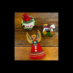 3 Vintage Christmas Ornaments Wood Angel, Rocking Horse, Musical Gnome