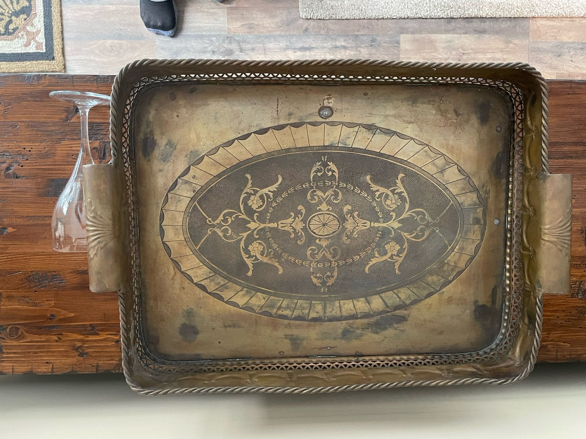 Castilian Imports Vintage Large Solid Brass Heavy Decorated Tray 21"X 16” X 4”