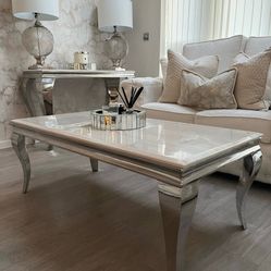 White Stone Top Chrome Legs Coffee Table 