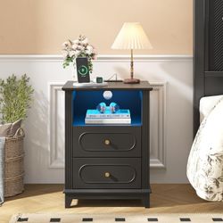 Black Nightstand with Charging Station, LED Lights, 2 Drawers & Storage Shelf End Table
