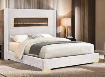 Brand New White Queen Bed Frame w Fireplace Simulator (Available in Eastern King)