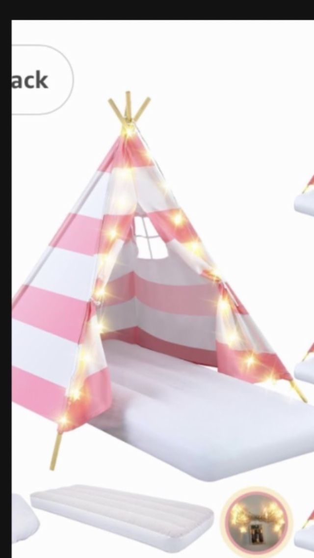 1 Set Kids Teepee Tent Bulk with Light String,Inflatable Airbed,Bedding Fitted Sheet,Natural Cotton Toddler Play Tent Washable Foldable for Girls Boys