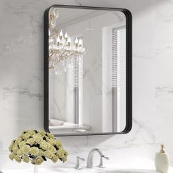 Black Metal Framed Bathroom Mirror For Wall, 22X30 Inch Rounded Rectangle Mirror, Matte Black Bathroom Vanity Mirror Farmhouse, Anti-Rust, Hangs