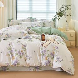 New Light Purple Cotton Duvet Cover Queen Floral Flower Vine, Bedding Set 3 Pcs Comforter Cover 2 Pillowcases Zipper Soft Breathable Comfy