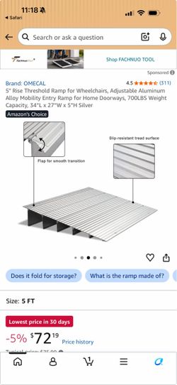 5" Rise Threshold Ramp for Wheelchairs, Adjustable Aluminum Alloy Mobility Entry Ramp for Home Doorways, 700LBS Weight Capacity, 34"L × 27"W × 5"H Sil