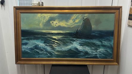 Vintage Framed Original Oil Painting of a Sailboat at Stormy Sea