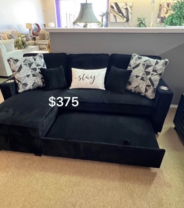 Dark Gray Sectional Sofa W/ Pull Out Bed, Reversible Chaise With Storage & USB Ports Brand New 