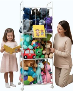 Stuffed Animal Storage Cage with Wheels & Front Basket
