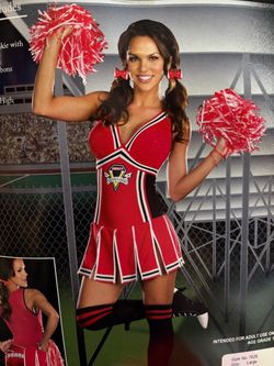 New, Women’s Cheerleader 📣 Costume size Large. Comes with Dress, Hair Ribbons , Pom Poms and thigh high socks