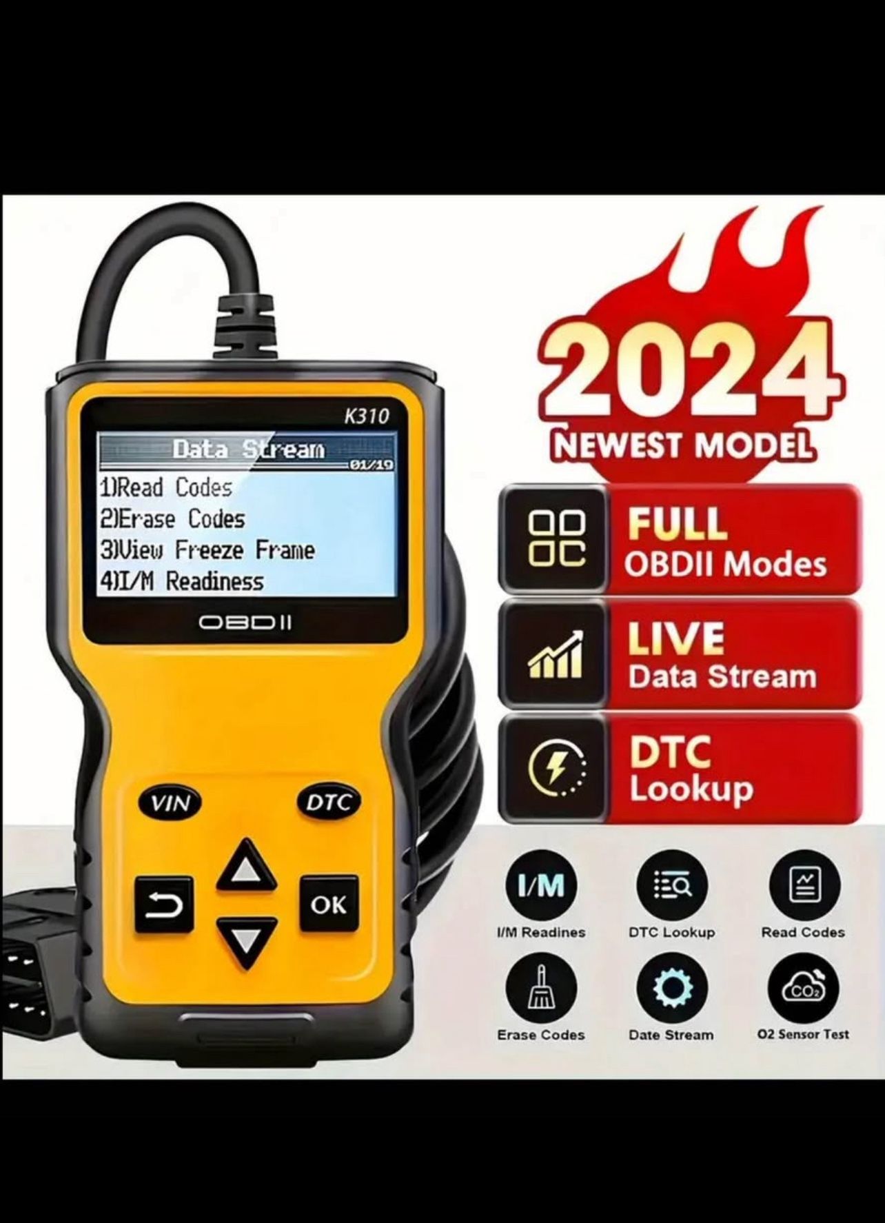 OBD2 Scanner K310 Upgrade - 2024 Model with Live Data Stream, Full OBDII Modes, I/M Readiness & DTC