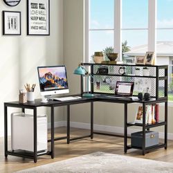 67” Reversible L-Shaped Computer Desk w/ Hutch & Shelves – Industrial Black Home Office Workstation