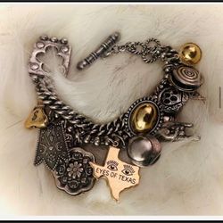 Antique Silver Bracelet  With 13 Brass Charms
