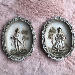 Vintage Pair Lefton China Victorian Wall Plaques Colonial Couple Wall Plaques