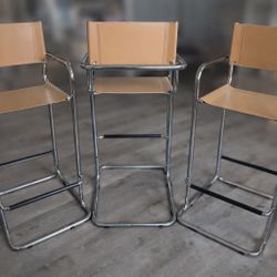 Set of 3 Modern Bar Stools – Chrome Frame & Tan Leather Seats