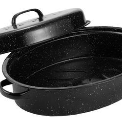 Granite Roasting Pan, Medium 16” Enameled Roasting Pan with Domed Lid. Oval Turkey Roaster Pot, Broiler Pan Great for Small Turkey, Chicken, Ham, etc.