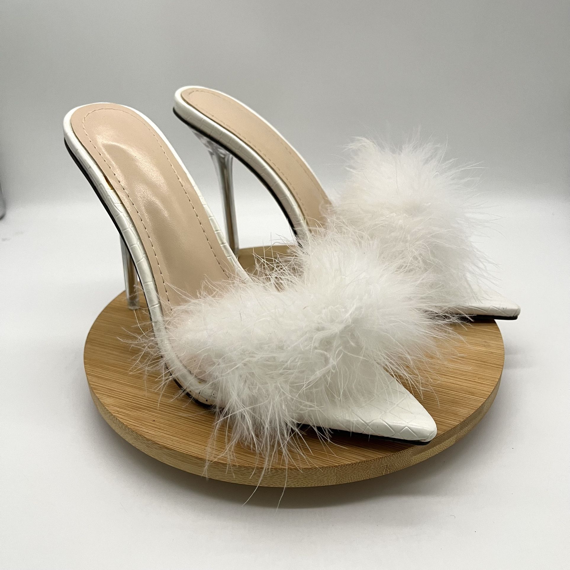 Women's Open Toe Fluffy Feather Stiletto Heels Slippers Dress Sandal Party Evening High Heel Slippers