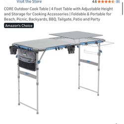 CORE Outdoor Cook Table | 4 Foot Table with Adjustable Height and Storage for Cooking Accessories | Foldable & Portable for Beach, Picnic, Backyards, 