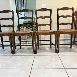 Vintage French Ladder Back Set of 4 Rush Seat Dining Chairs