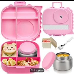 Dinosaur Bento Lunch Box with & Sauce Jar - 4-Compartment Leakproof /s Lunch Container, Adjustable Dividers, Hidden Compartments,, Microwave/ for Scho