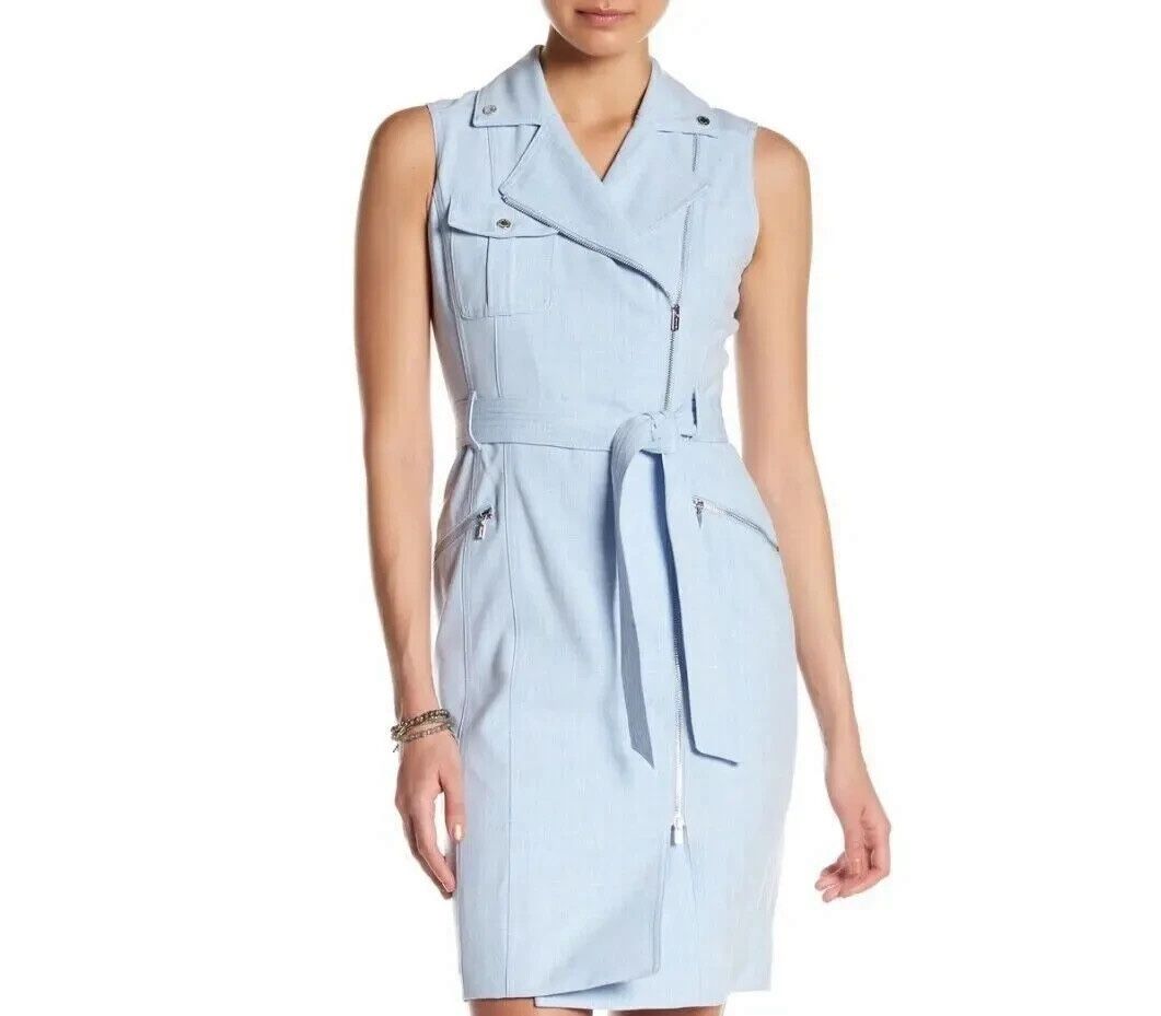 Calvin Klein Zip-Front Belted Dress in a light blue color. Size 4