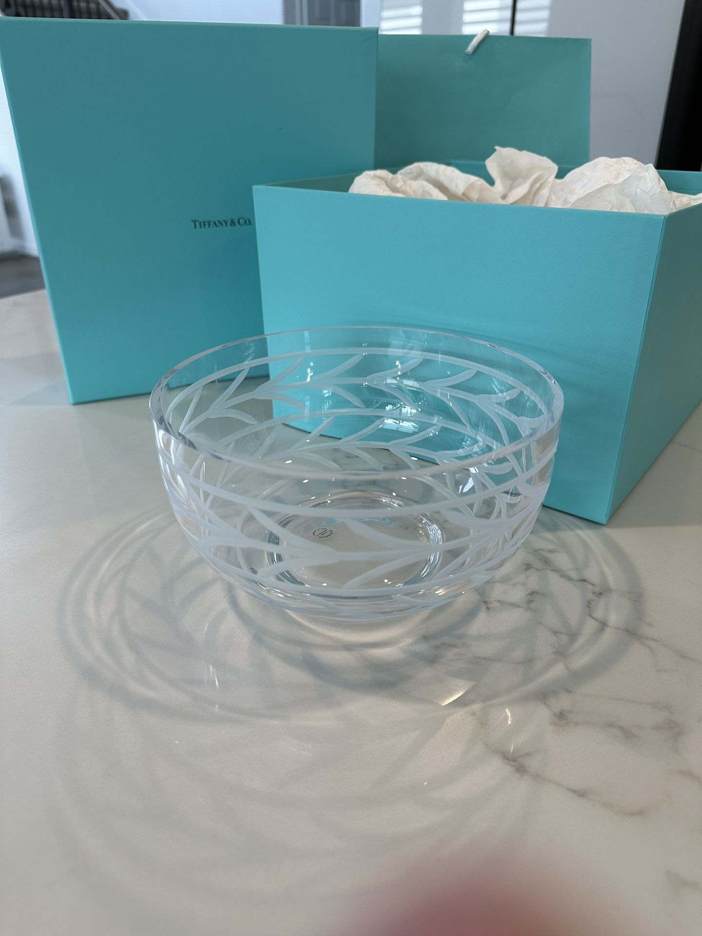 Tiffany & Co. Wheat Leaf Full Lead Crystal Bowl 7" Diameter. Crafted in Slovenia