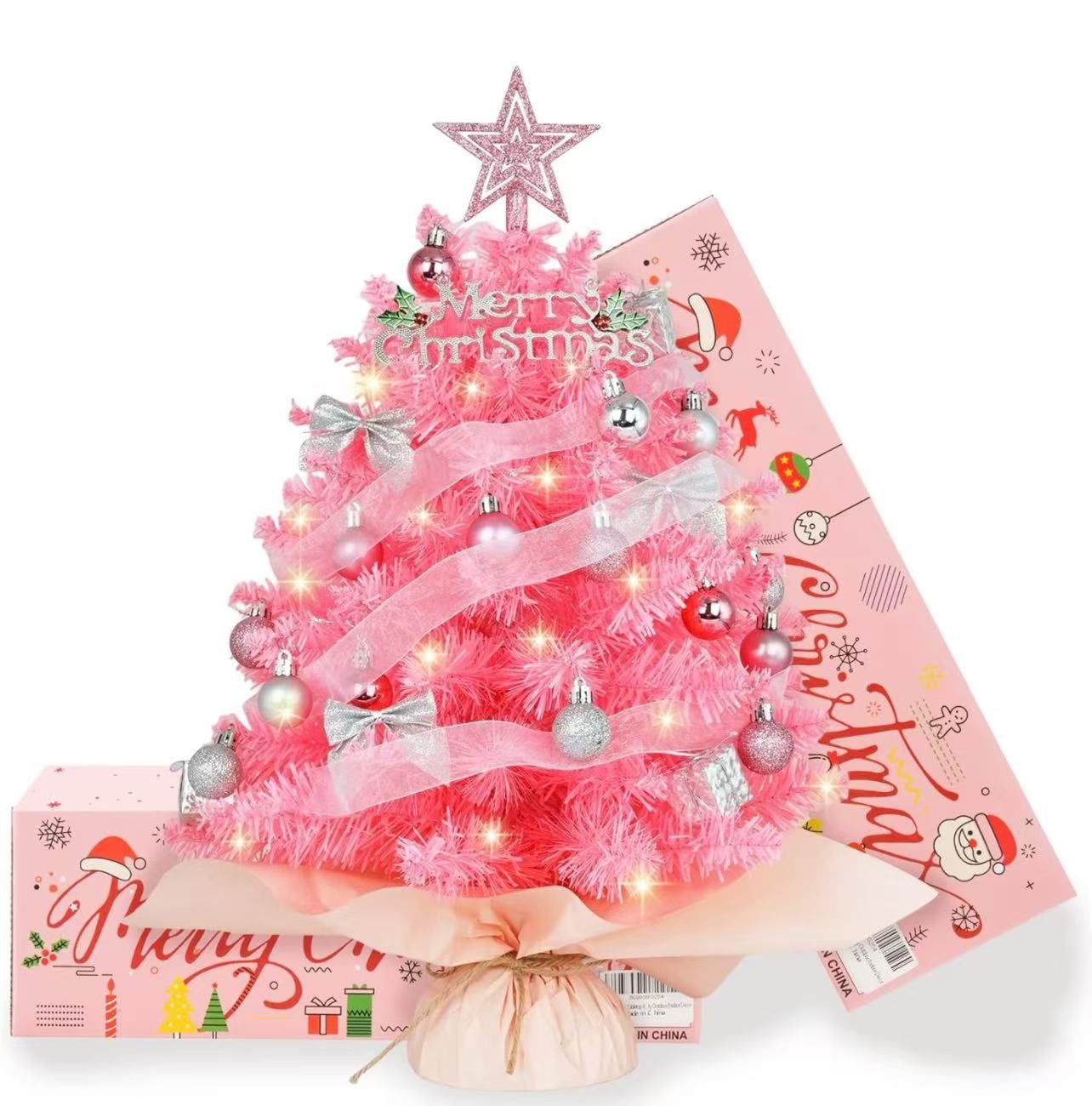20" Mini Pink Christmas Tree, Artificial Small Christmas Tree with Lights, Tabletop Christmas Tree with Star Treetop,Bow Boxes and Ball Ornaments for