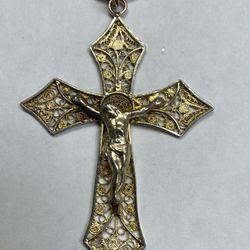 19 CENTURY AMAZING ANTIQUE GOLD OVER SILVER 800 CROSS PENDANT WITH CHAIN 
