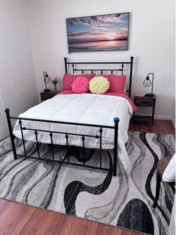 Full size bed / mattress frame   Rugs and 2 night stands