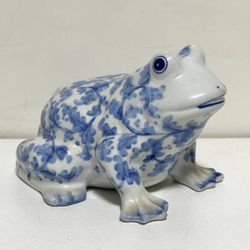 Vintage Andrea By Sadek Frog Coin Bank Blue White Glossy Porcelain