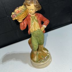 Vintage Chalkware Hand-painted Victorian Boy Holding a Fruit Basket Figurine 