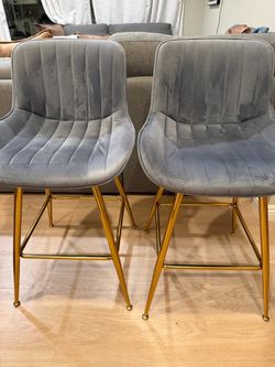 Gray Velvet Counter Stools with Gold Legs – Set of 2